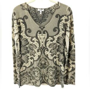 Vtg Cache Womens Metallic Scroll Top Size M Semi Sheer Stretch Long Sleeve Y2K